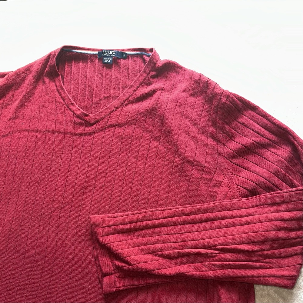 J.CREW Men's XXL Red 100% Pima Cotton Ribbed V-Neck Sweater Rib Knit 2xl